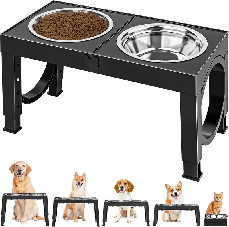 Elevate Your Dog's Dining Experience: Adjustable Raised Dog Bowl Stand with Dual Stainless Steel Bowls for Large & Medium Breeds - Non-Slip, Joint-Friendly Design in Sleek Black