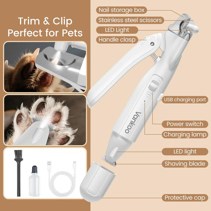 Vankoo 2-In-1 LED Dog Nail Clipper & Paw Hair Trimmer – Rechargeable, Waterproof, and Safe Grooming for Dogs & Cats