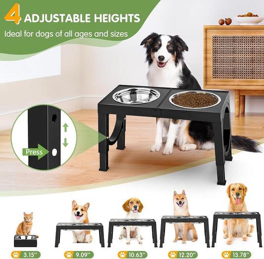 Elevate Your Dog's Dining Experience: Adjustable Raised Dog Bowl Stand with Dual Stainless Steel Bowls for Large & Medium Breeds - Non-Slip, Joint-Friendly Design in Sleek Black
